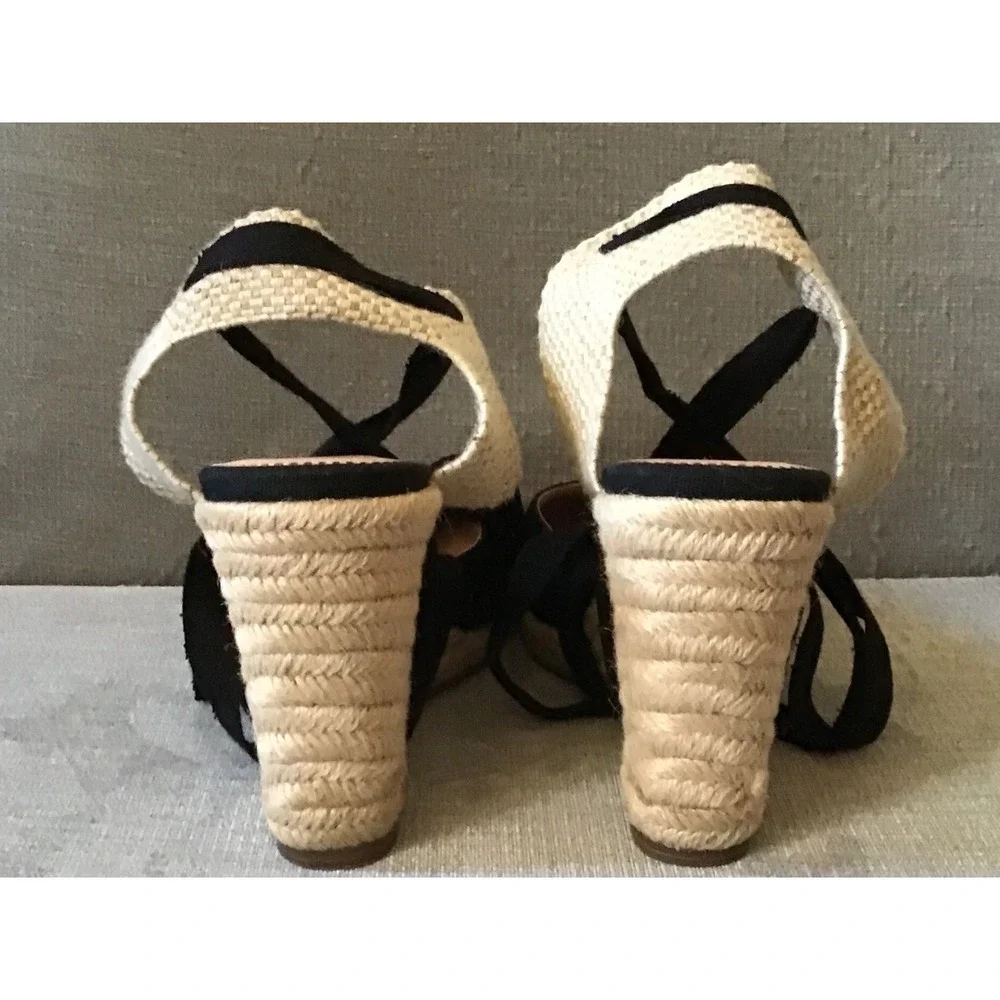 J Crew Black Canvas Espadrille Wedge Chunky‎ Sandals Lace Up Ankle Strap
